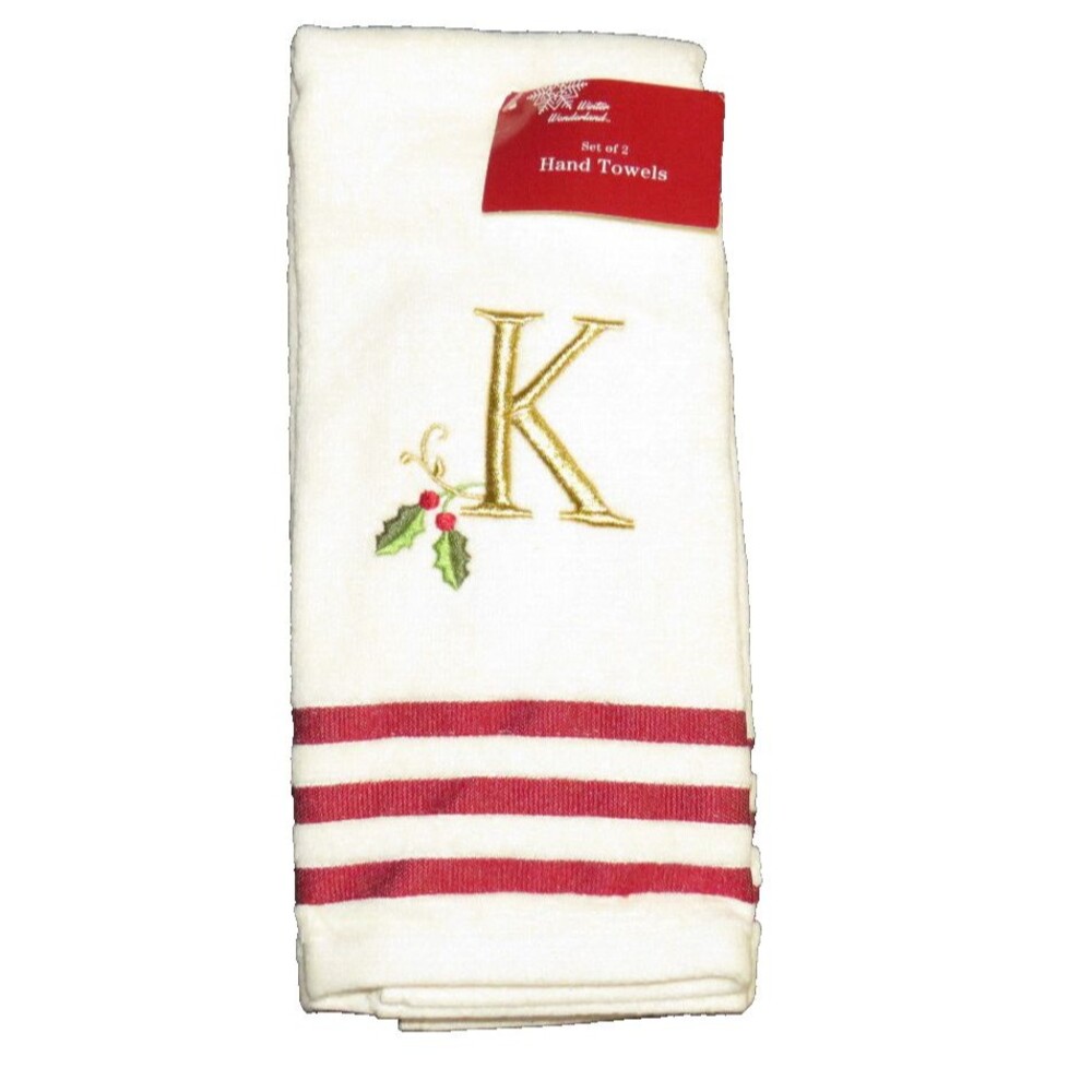 Winter Wonderland Christmas Embroidered "K" Monogrammed Hand Towel Set Of Two